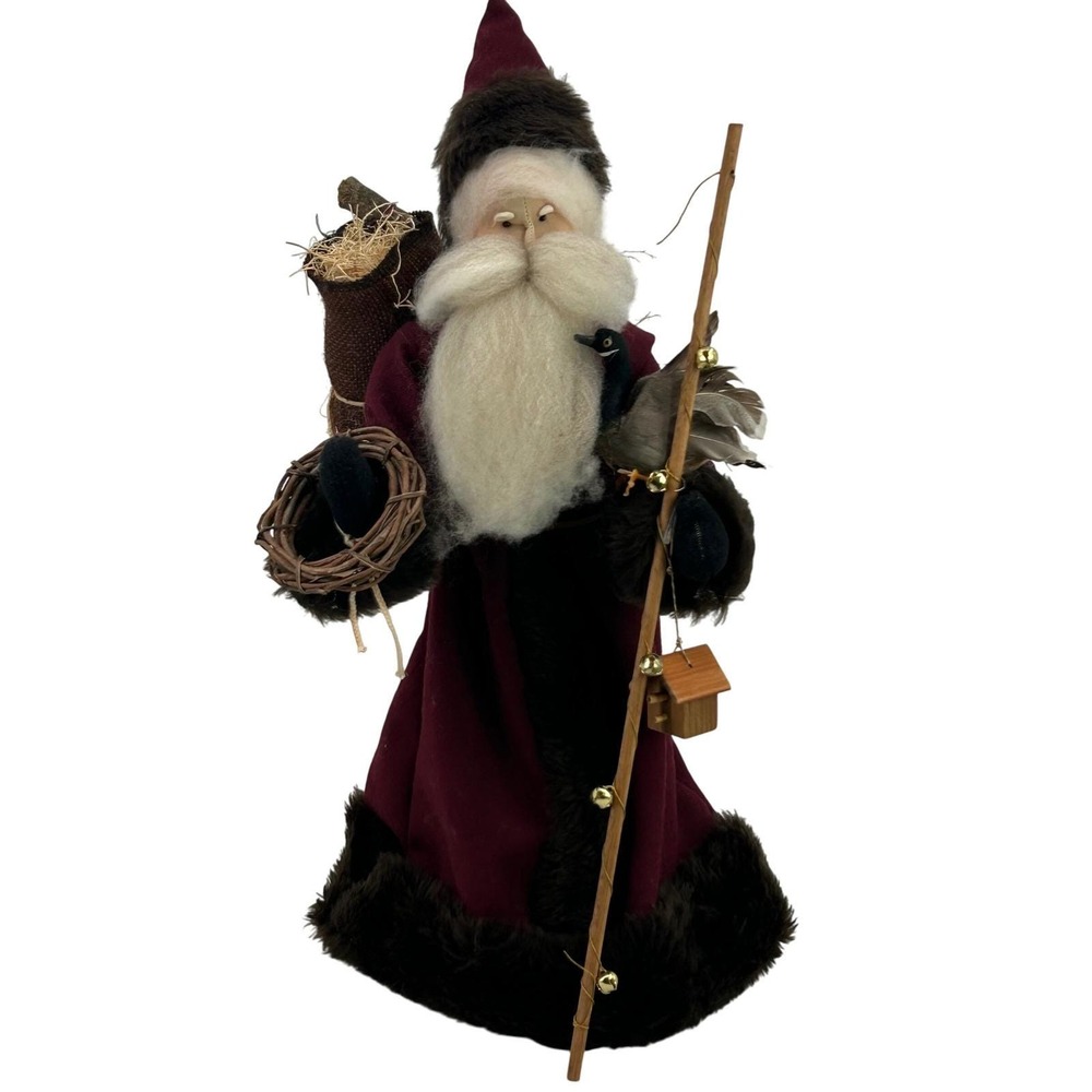 Handcrafted Santa Figurine‎ Large Burgundy Woodland Folk Art Primitive Decor